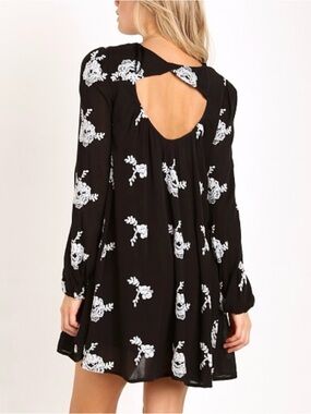 Free People Black Long-Sleeve Floral Swing Dress with Open Back
